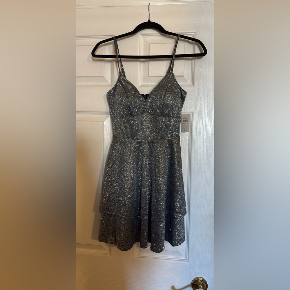 Windsor Silver glitter with dark blue under notes skater Dress